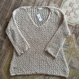 Lou & Grey Open-Knit V-Neck Sweater in Beige